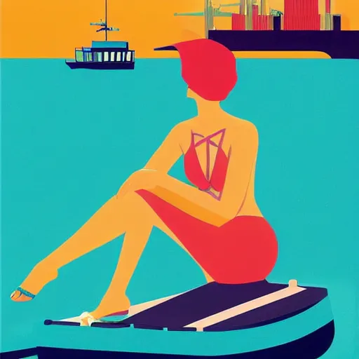 Prompt: a painting of a woman in a bathing suit sitting on a boat, an art deco painting by tom whalen, trending on behance, art deco, digital illustration, storybook illustration, art deco