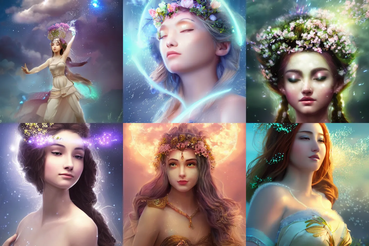 Prompt: a beautiful female goddess of spring character, character is in all its glory, character is centered on the image, character is in her natural relaxed pose, rim lights, particles and dust in the air, fancy clouds, highly detailed professional photo, dynamic lights, particles are flying, depth of field, trending on artstation, illustration, hyper realistic, vray caustics, super detailed, colorful accents, cinematic shot