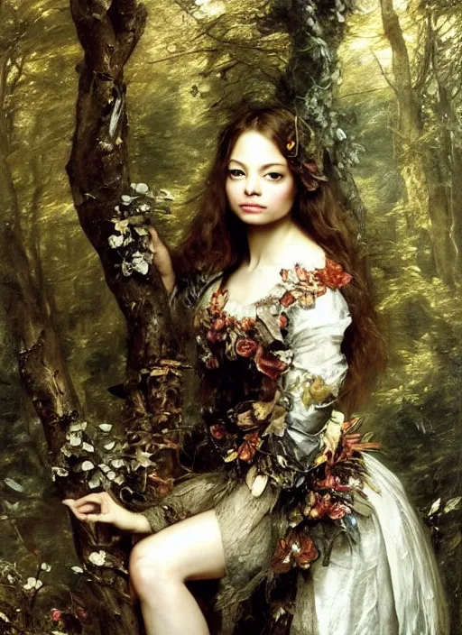 Image similar to Beautiful fairy teenager, Looks like Kristin Kreuk, In the woods, Dramatic, Edge, Good, Infused, Backlight, De-Noise, VFX, insanely detailed and intricate, hypermaximalist, elegant, ornate, hyper realistic, super detailed, by Anthony Van Dyck, by Ivan Shishkin, by John Constable