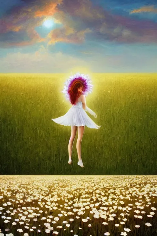 Image similar to giant white daisy flower as head, veiled girl dancing in a flower field, surreal photography, sunrise, dramatic light, impressionist painting, colorful clouds, digital painting, artstation, simon stalenhag