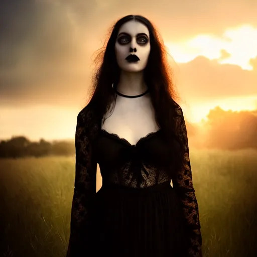 Image similar to photographic portrait of a stunningly beautiful gothic female with black lace choker in soft dreamy light at sunset, god rays, contemporary fashion shoot, by edward robert hughes, annie leibovitz and steve mccurry, david lazar, jimmy nelsson, breathtaking, 8 k resolution, extremely detailed, beautiful, establishing shot, artistic, hyperrealistic, beautiful face, octane render