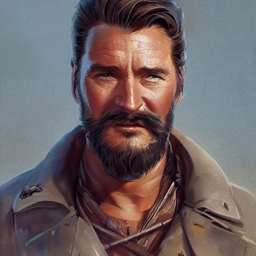 Image similar to a highly detailed epic cinematic concept art CG render digital painting artwork costume design: Errol Flynn as a 1950s sly army mechanic engineer with a thick stubble. By Greg Rutkowski, Ilya Kuvshinov, WLOP, Stanley Artgerm Lau, Ruan Jia and Fenghua Zhong, trending on ArtStation, subtle muted cinematic colors, made in Maya, Blender and Photoshop, octane render, excellent composition, cinematic atmosphere, dynamic dramatic cinematic lighting, aesthetic, very inspirational, arthouse