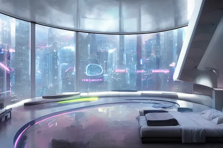 Prompt: a futuristic bedroom with large curved ceiling high windows looking out to a far future cyberpunk cityscape, cyberpunk neon lights, raining, scifi