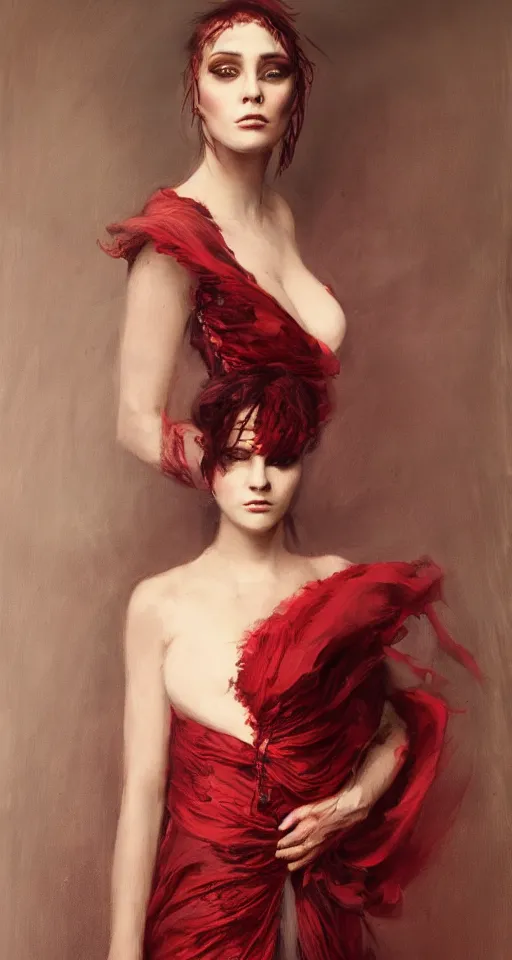 Prompt: one person only. One head only. Long flowing dress. Oversized flowing swirling dress. Solomon Joseph Solomon and Richard Schmid and Jeremy Lipking victorian genre painting portrait painting of a young beautiful woman punk rock goth with punk rock haircut in fantasy costume, red background