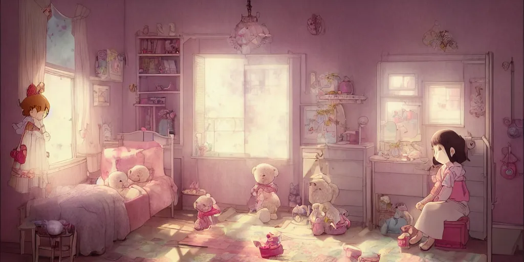 Prompt: lab to create a cute teddy bear in a doll house inside a girl's room, natural lighting, playful color scheme, intricate details, matte painting, illustration, by hayao miyazaki