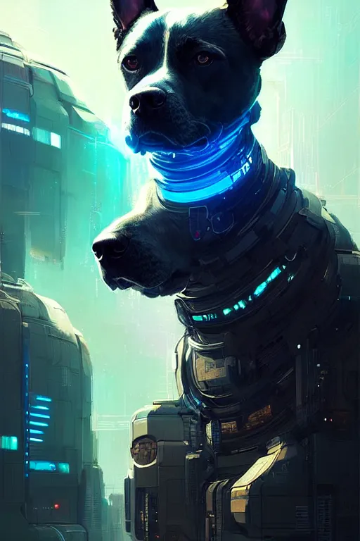 Image similar to a beautiful portrait of a cute cyberpunk dog with blue tinted view of space in the background by greg rutkowski and wlop, digital art, highly detailed, fine detail, intricate, ornate, complex