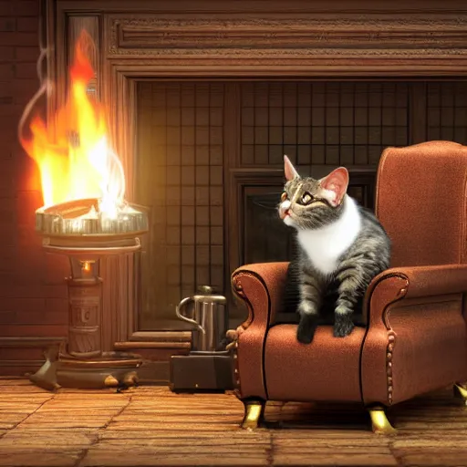 Image similar to steampunk cat sits in a chair in front of a fireplace in a book lined room and smokes a pipe, high realistic, high detailed, octane render