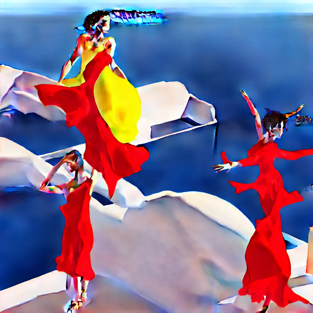 Prompt: beautiful modern dancer wearing a red and yellow and blue swirling dress, standing on a Santorini terrace looking at the ocean, cinematic, hyperrealistic, octane render, dynamic lighting