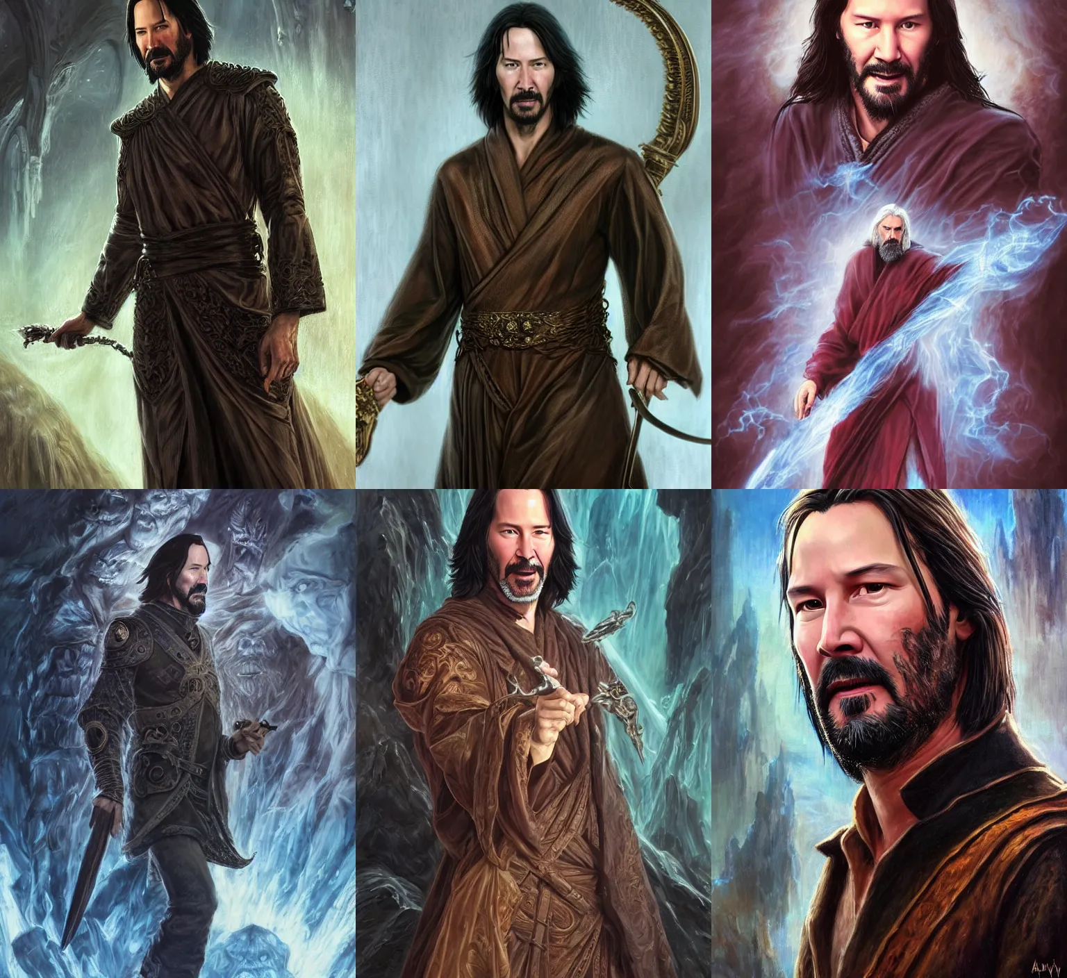 Prompt: keanu reeves as a wizard, grumpy, intricate cloth robes, Ivan Aivakovsky, Boris Vallejo, epic fantasy character art, D&D Concept Art, full length, Realistic, Regal, Refined, Detailed Digital Art, Oil Paining, Exquisite detail, post-processing, masterpiece, Cinematic Lighting, Unreal Engine, 8k, HD, Stanley Artgerm Lau, WLOP, Rossdraws, Frank Frazetta, Andrei Riabovitchev, Marc Simonetti, trending on artstation,