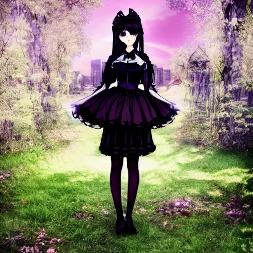 Image similar to beautiful android gothic lolita standing in a city taken over by nature , theme of sadness, melancholy, and dark beauty, high exposure