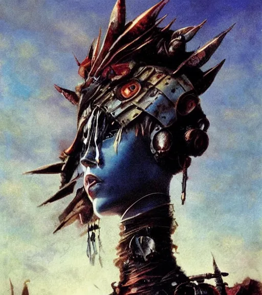 Image similar to mighty princess of the wasteland, scrap metal headdress, strong line, deep color, cloudy sky, beautiful! coherent! by brom, by frank frazetta, low angle