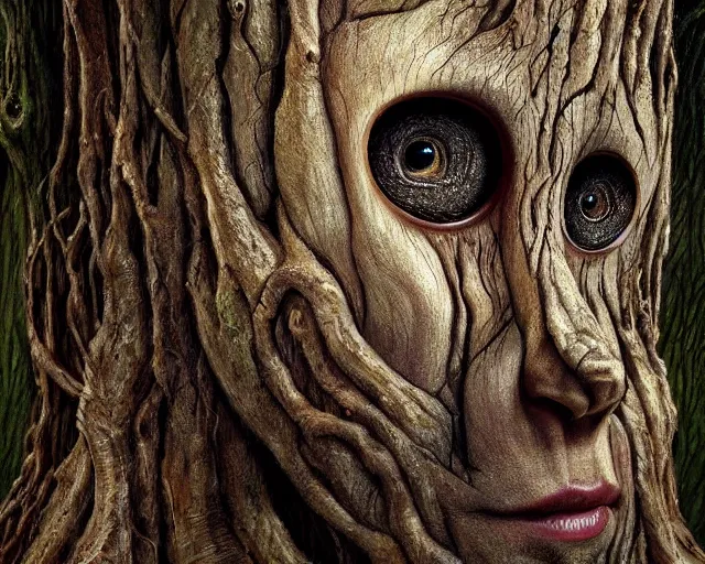 Image similar to a talking tree, a face in the bark, mouth in the bark, nose made of wood, eyes in the bark, fantasy concept art, digital painting, oil painting, hyperrealistic, beautiful, treebeard, ent, magical, highly detailed, soft lighting, very detailed eyes, artstation, cgsociety, in the forest, by alan lee, by artgerm
