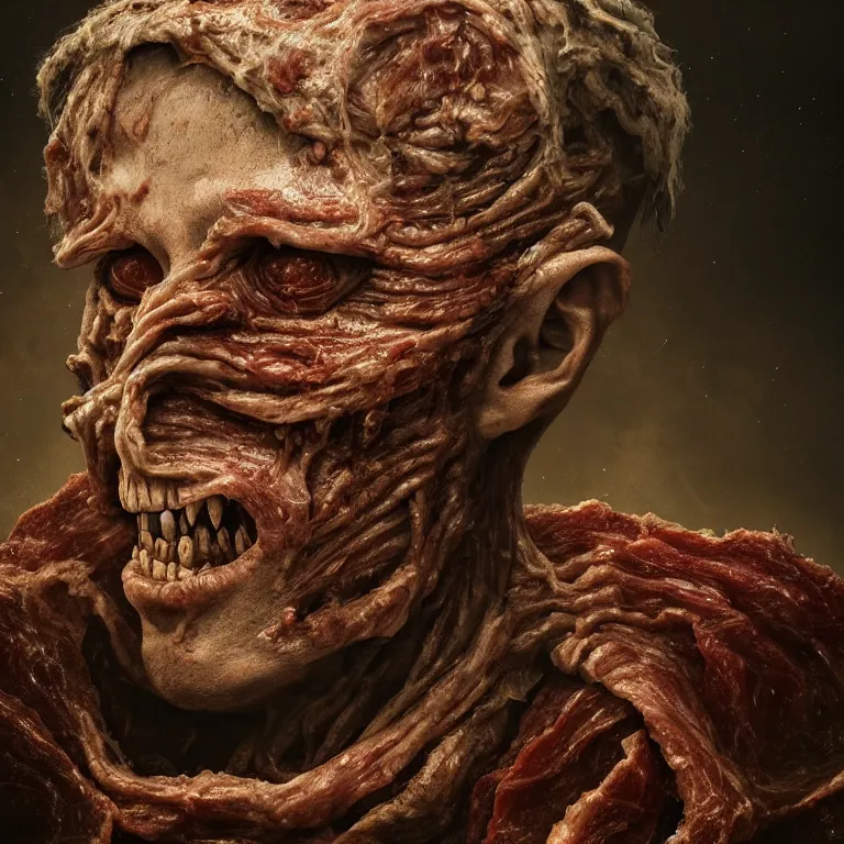 Image similar to still life of ribbed abandoned man face portrait on exoplanet, covered with organic flesh, meat, standing in a desolate empty wasteland, baroque painting, creepy, nightmare, dream-like heavy atmosphere, surreal abandoned buildings, baroque painting, beautiful detailed intricate insanely detailed octane render trending on Artstation, 8K artistic photography, photorealistic, chiaroscuro, Raphael, Caravaggio, Beksinski, Giger