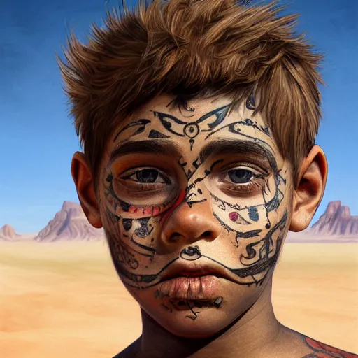 Image similar to a detailed portrait of a boy with a face tattoo in the desert, fantasy art illustration, incredibly highly detailed and realistic, 8 k, sharp focus