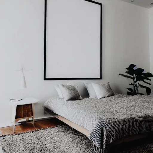 Prompt: minimalist clean spacious empty bright mockup photo of large blank frame on floor with thin light wooden frame moulding, white background wall, light boho carpet, white lamps, white pillows, trending on etsy