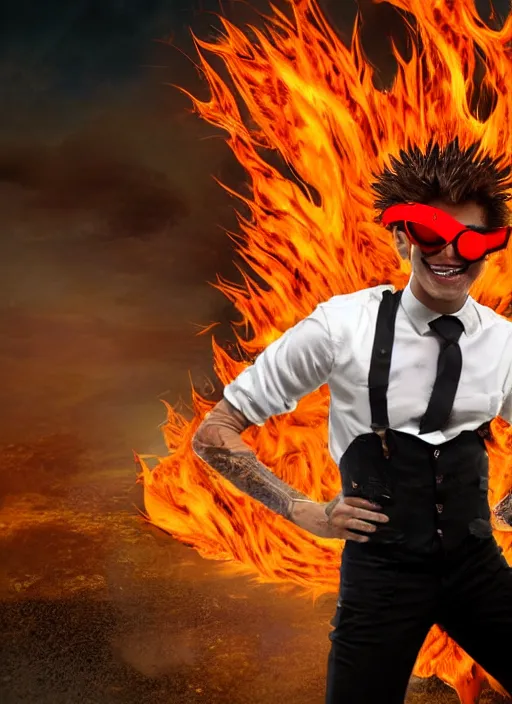 Image similar to photorealistic young man with red spiked long hair, using an orange lens googles. Wearing white shirt, a black waistcoat, brown pants and black boots. He is throwing a wild fire blast from his hands, with a vicious smile in face. He is in a scorched land with a blue sky. dynamic lightning.