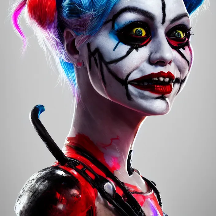 Image similar to portrait of human skull as harley quinn. intricate abstract. intricate artwork. by Tooth Wu, wlop, beeple, dan mumford. octane render, trending on artstation, greg rutkowski very coherent symmetrical artwork. cinematic, hyper realism, high detail, octane render, 8k, iridescent accents