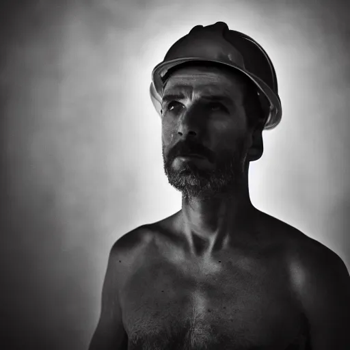 Image similar to a dramatic portrait of worker from europe, cinematic lighting