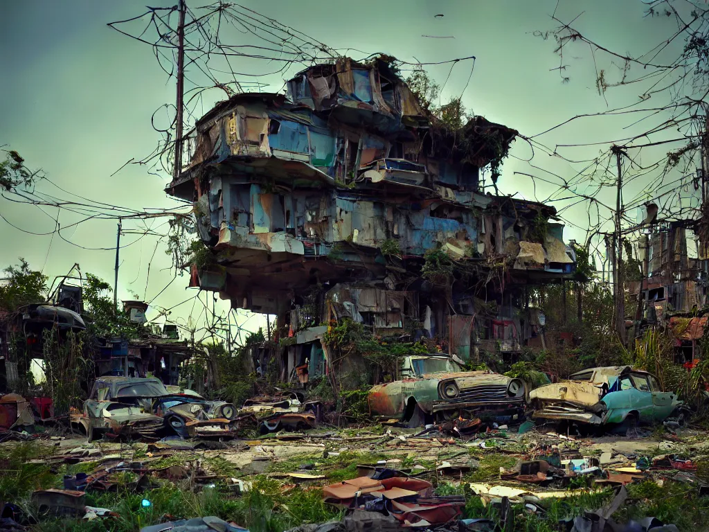 Prompt: beautiful house made from junkyard scrap parts, in an abandoned car lot overgrown, junk architectural, futuresynth, scrapyard architecture, blender, morning, ruined city in the background, trending on artstation, by gal barkin