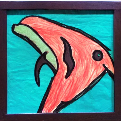 Image similar to child's crayon drawing of a dolphin in the style of mexican folk art