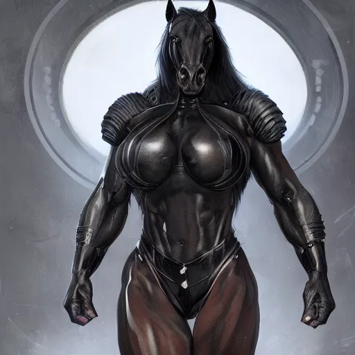 Image similar to an enormously muscular black - coated anthro horse at a research facility wearing skintight body armor, highly detailed, digital painting, artstation, concept art, illustration, art by artgerm, greg rutkowski, wlop