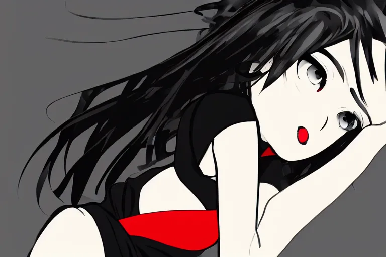 Image similar to a girl laying from left to right, wearing a black outfit with red trim, simple vector shaded anime style, simple anime digital art, 4 k