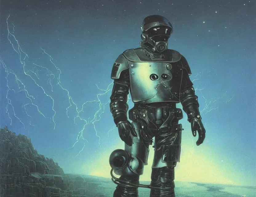 Image similar to a detailed portrait painting of a lone bounty hunter wearing combat armour and a reflective visor. Head and chest only. Movie scene, cinematic sci-fi scene. Flight suit, cloth and metal, accurate anatomy. portrait symmetrical and science fiction theme with lightning, aurora lighting. clouds and stars. Futurism by beksinski carl spitzweg moebius and tuomas korpi. baroque elements. baroque element. intricate artwork by caravaggio. Oil painting. Trending on artstation. 8k