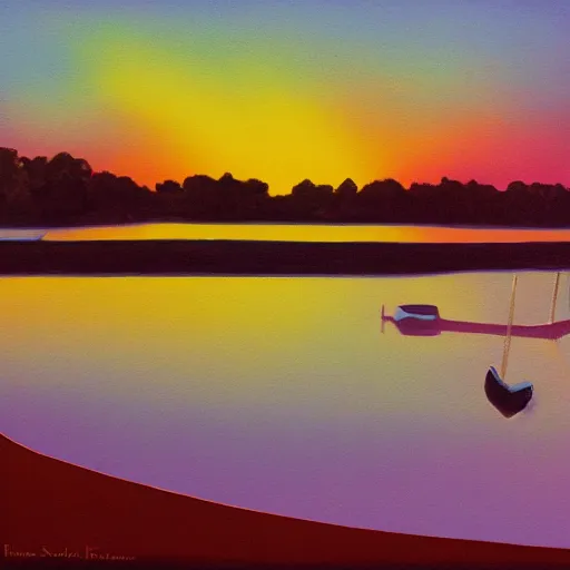 Image similar to artdeco river boat in the deep south, evening sun, intense lighting, hyper realistic, gouache