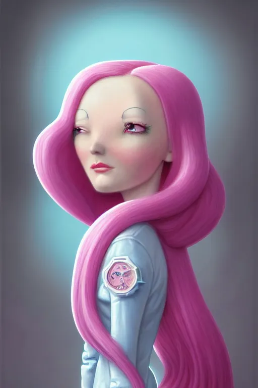 Image similar to highly detailed, industrial photography, profile view of adult princess bubblegum from adventure time, working in her science lab, wearing lab coat, long bubblegum hair, long straight bangs, confident, beautiful, attractive, illustration concept art by nicoletta ceccoli, mark ryden, lostfish, detailed and intricate environment, 8 k resolution, hyperrealistic, octane render