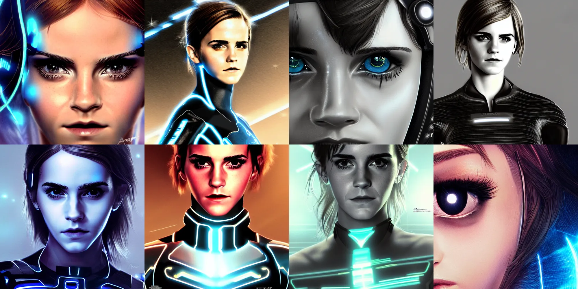 Prompt: closeup shot of emma watson in tron legacy cosplay, concept art, by artgerm and luis royo