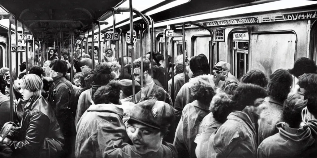 Image similar to 1 9 7 0's new york subway, crowd doing graffiti on a train in the depot, coloured film photography, christopher morris photography, bruce davidson photography