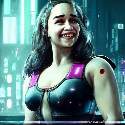 Prompt: Beautiful portrait of Emilia Clarke smiling warmly in Cyberpunk 2077 video game, concept art, poster, detailed, artstation