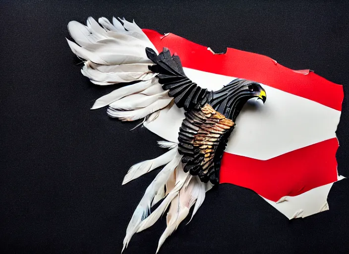 Prompt: pieces of a ripped flag!!!, white chicken feathers, saw dust and haribo candy molten and carefully restructured into a beautiful!!!, abstract!!!!!!! sculpture of a hawk, museum display, black backdrop, high contrast, award winning photo, dslr, high quality