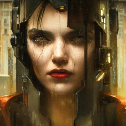 Prompt: detailed face of a woman, moment, cyberpunk cloisters, displays, tech noir, wet reflections, atmospheric, ambient, speed painting, livia prima, greg rutkowski, edward hopper