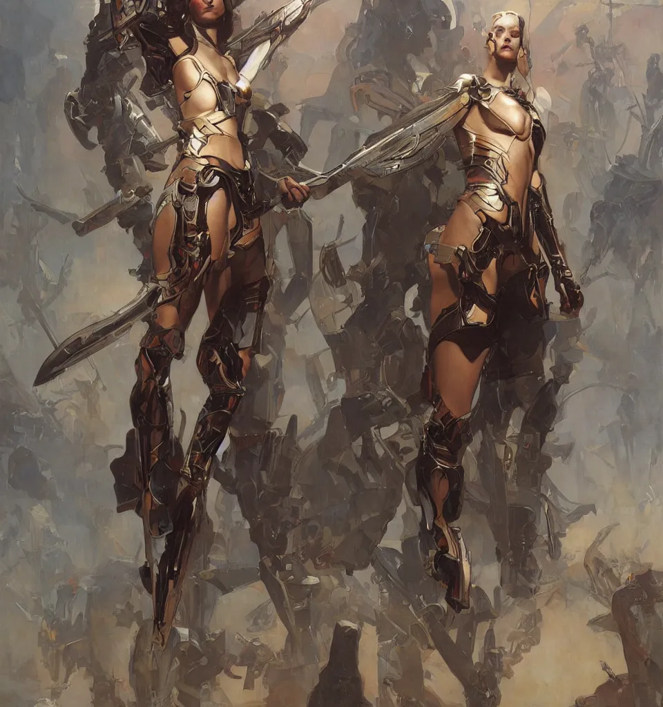 Image similar to splendid tall slavian queen warrior cyborg, mucha, ingres, greg rutkowski