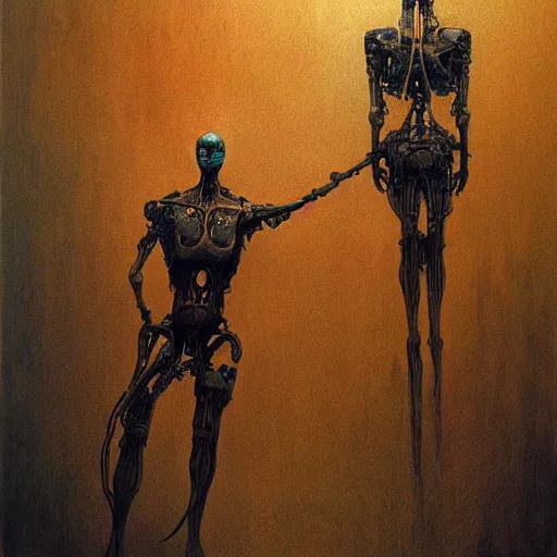 Image similar to horrific human cyborg, beksinski style painting, dark, scary, highly detailed