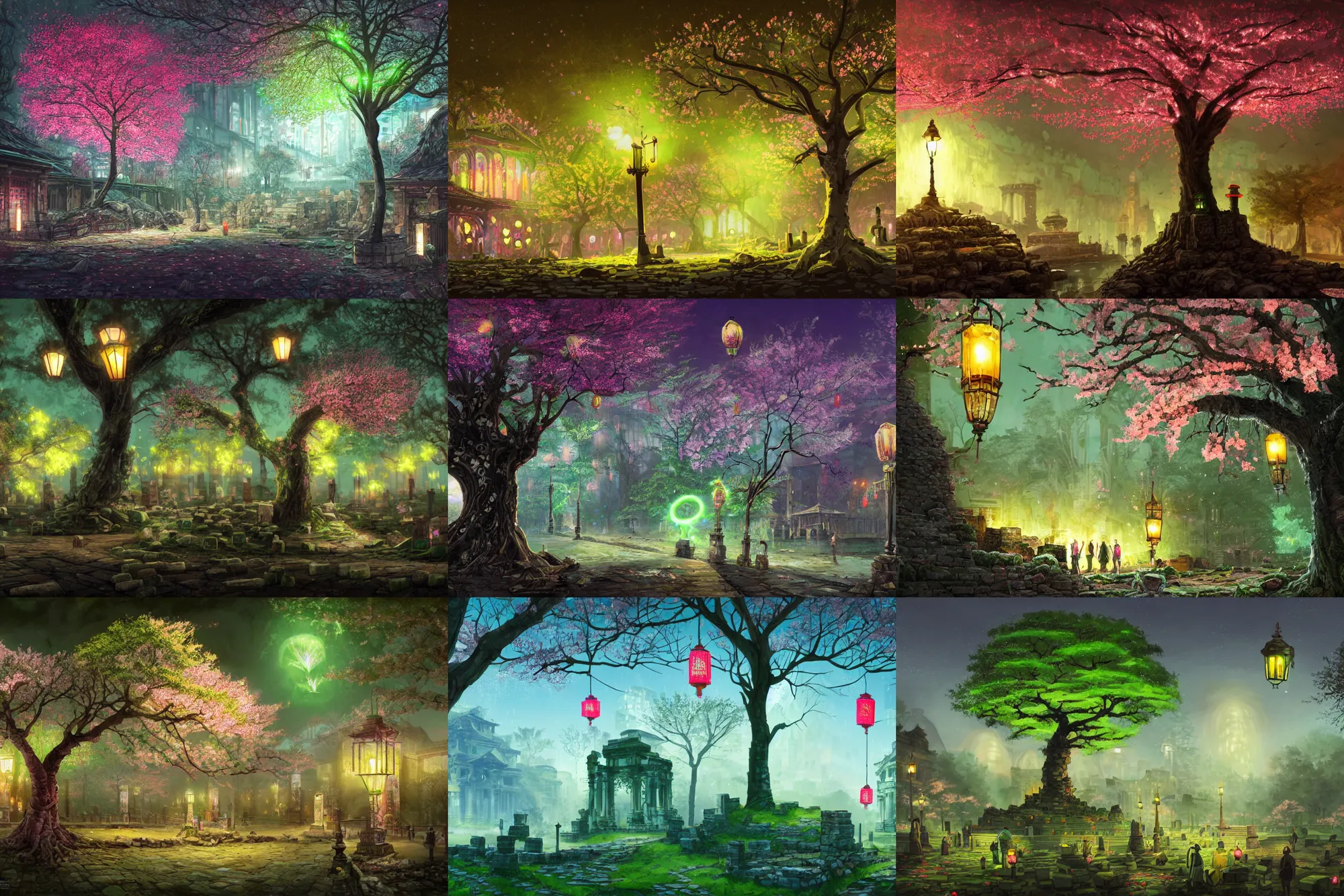 Prompt: ancient city, ruins, tree with cherry blossoms in the middle, glowing green lights, lanterns, colorfully, dark mood, detailed illustration, dark climate, digital art, highly saturated colors, overdetailed art, concept art, detailed illustration, hd, 4 k, digital art, greg, dan mumford, rutkowski, wlop, trending on artstation