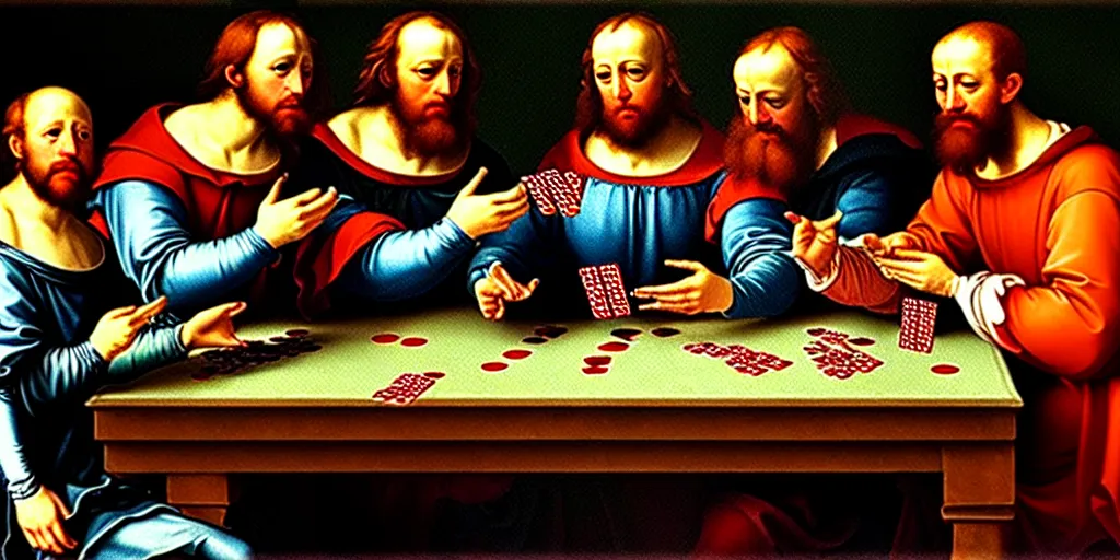 Prompt: Renaissance painting of four men playing cards with fish, hyper detailed, UHD, 8K