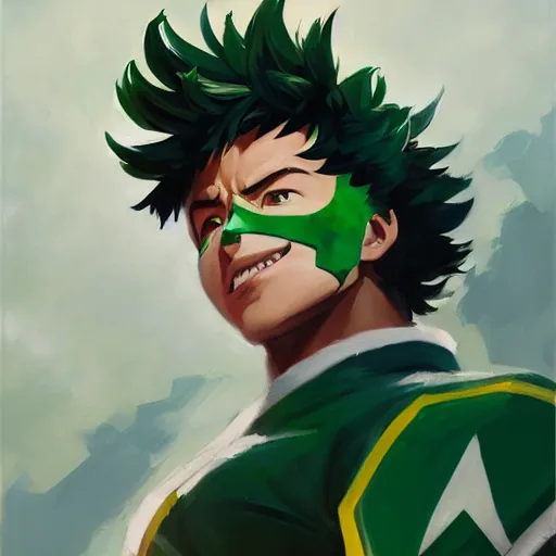 Image similar to greg manchess portrait painting of izuku midoriya as overwatch character, medium shot, asymmetrical, profile picture, organic painting, sunny day, matte painting, bold shapes, hard edges, street art, trending on artstation, by huang guangjian and gil elvgren and sachin teng