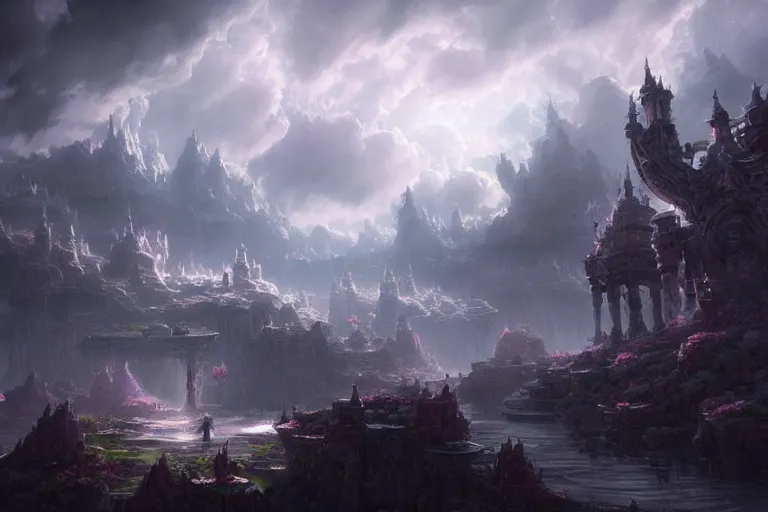 Prompt: a huge realm made out of clouds in an alternate dimension, in the style of wlop, illustration, epic, fantasy, hyper detailed, smooth, unreal engine, sharp focus, ray tracing