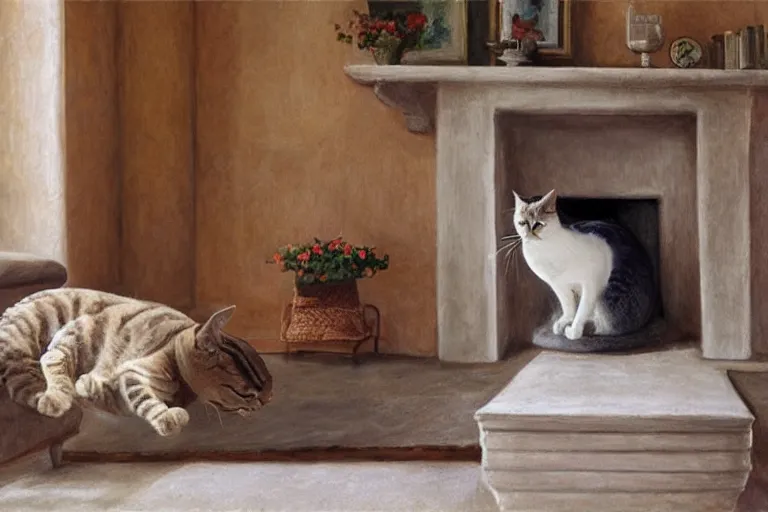 Image similar to Funny cat jumps in provence style living room, photorealism,