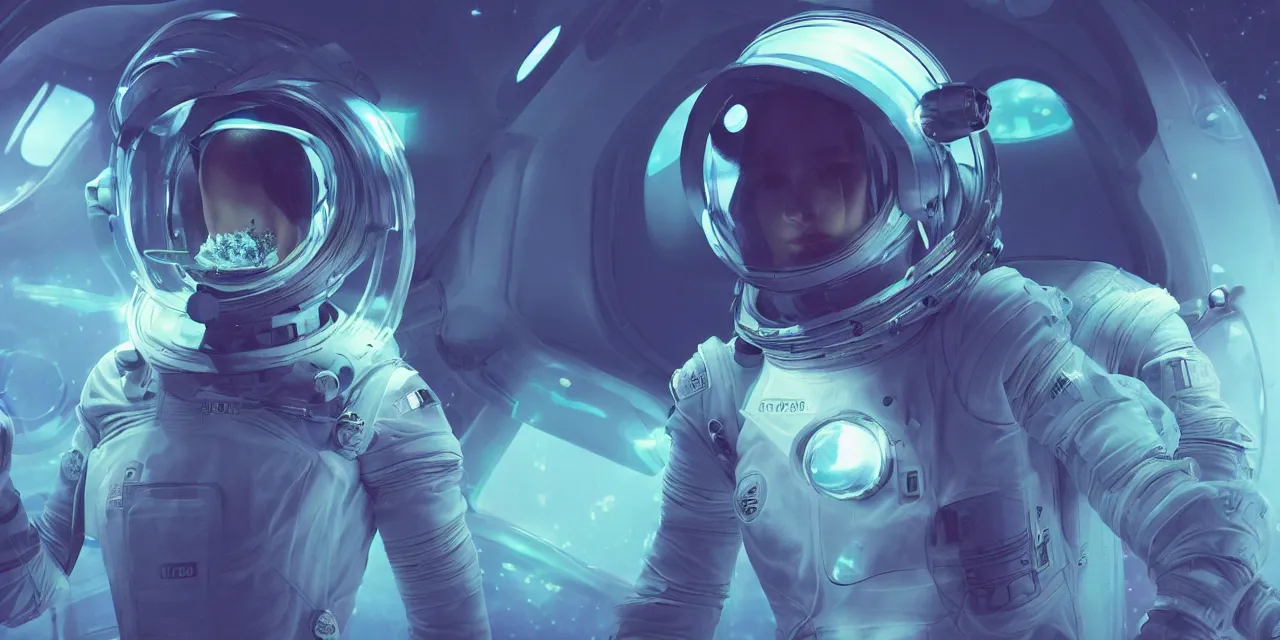 Prompt: Zoe Kravitz futuristic astronaut, clear helmet with HUD and small LED lights, inside large window of ship, spacesuit with small led lights, underwater in the ocean at night, clear water, bubbles, volumetric lighting, glowing lights, 4k, octane, digital painting, artstation, concept art, sharp focus, illustration, high contrast, high saturation , cinematic film still, art by artgerm and greg rutkowski and alphonse mucha , wide angle view,