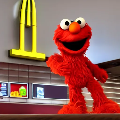 Prompt: a still of elmo in a mcdonalds, award - winning, photograph, 3 d render, unreal engine, 4 k detailed