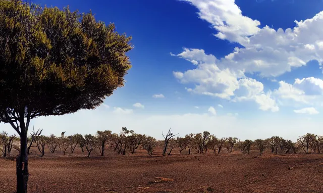 Image similar to panorama of big raindrops flying upwards into the perfect cloudless blue sky from a dried up river in a desolate land, dead trees, blue sky, hot and sunny highly-detailed, elegant, dramatic lighting, artstation, 4k, cinematic landscape, photograph by National Geographic