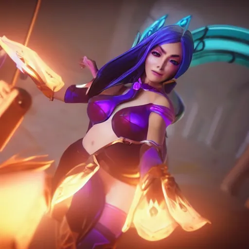 Image similar to still of pretty Irelia (League of Legends) in KDA More music video. 3d render, octane render, game art, realistic, highly detailed, trending on artstation, 4k, trending on artstation, pixar, cgsociety, unreal engine 5, redshift render, trending on artstation, blender, behance, cg