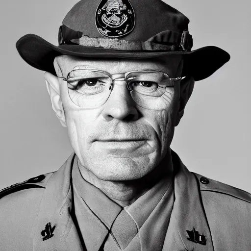 Prompt: water white from breaking bad dressed as an army commander, 1 9 4 5, sharp focus, hyper realistic, sony 3 5 mm lens