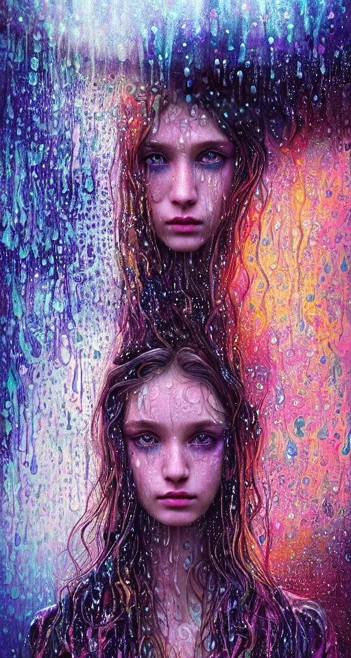 Image similar to portrait of a girl in psychedelic LSD rain with wet hair and face, fantasy, intricate, elegant, dramatic lighting, emotionally evoking symbolic metaphor, highly detailed, lifelike, photorealistic, digital painting, artstation, concept art, smooth, sharp focus, illustration, art by John Collier and Albert Aublet and Krenz Cushart and Artem Demura and Alphonse Mucha