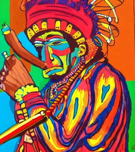 Image similar to Painting of a shaman dressed in a colorful traditional clothes. He is smoking a pipe and blowing out smoke which is morphing into fractals