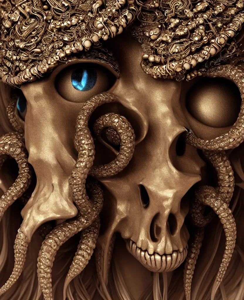 Image similar to goddess princess face close-up portrait ram skull. sculpture made of black clay and gold. jellyfish phoenix head, nautilus, orchid, skull, betta fish, bioluminiscent creatures, intricate artwork by Tooth Wu and wlop and beeple. octane render, trending on artstation, greg rutkowski very coherent symmetrical artwork. cinematic, hyper realism, high detail, octane render, 8k