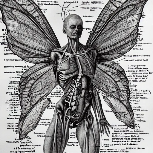 Image similar to anatomical diagram pencil sketch of a fairy, insanely detailed, labeled diagram, medical illustration, insanely intricate, written notes, text, journal paper, watercolor, stains